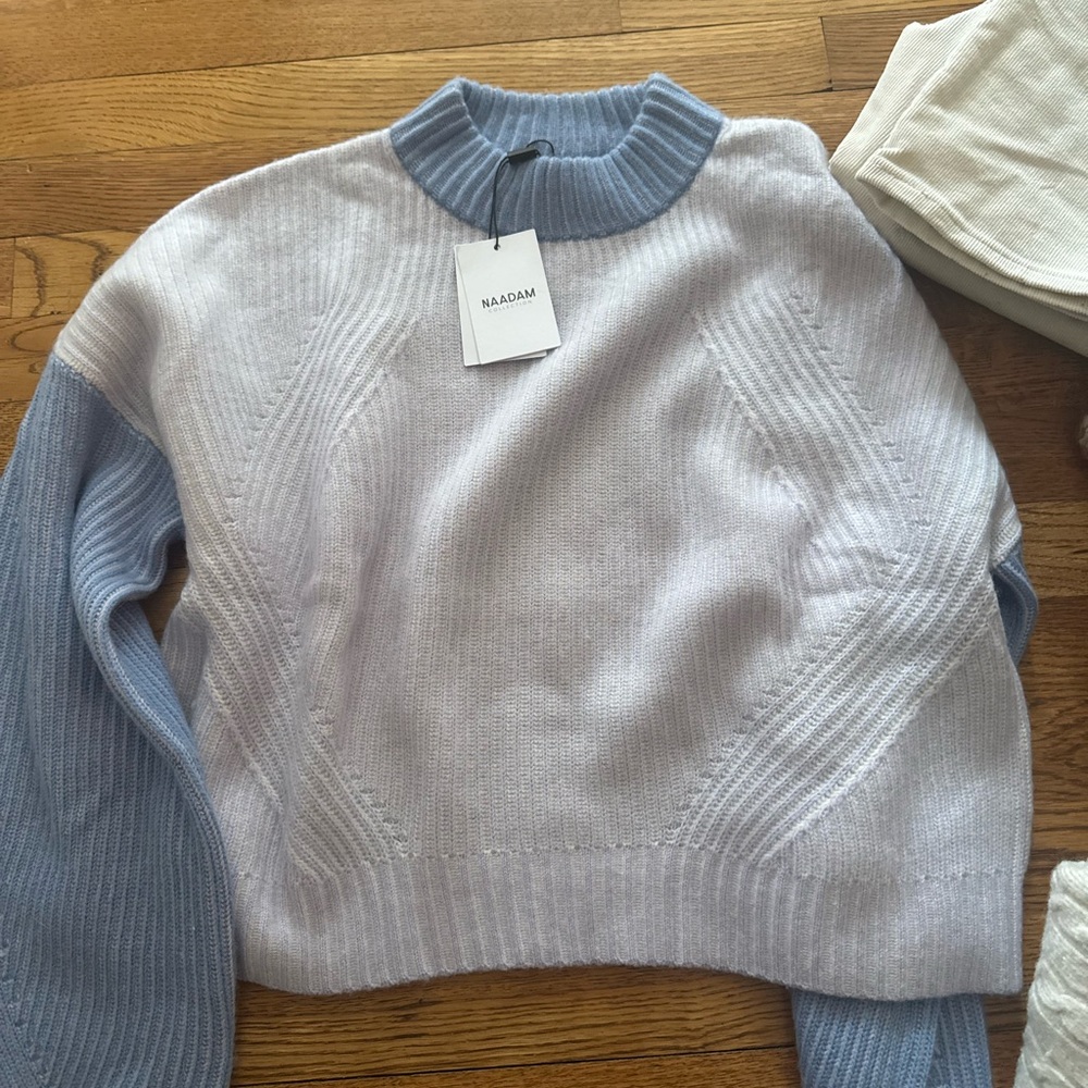 NAADAM Women's Turtleneck Sweater in Blue and White